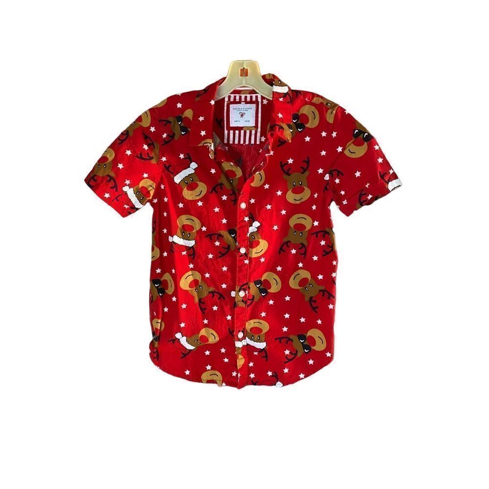 Denim & flower boys/kids reindeer, holiday button up shirt, size 8